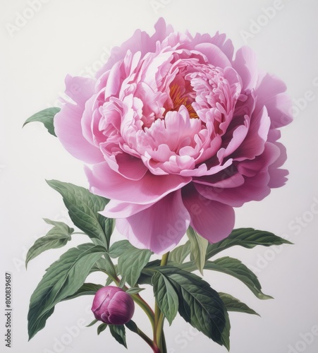 Pink Flower Peony With Green Leaves on White Background