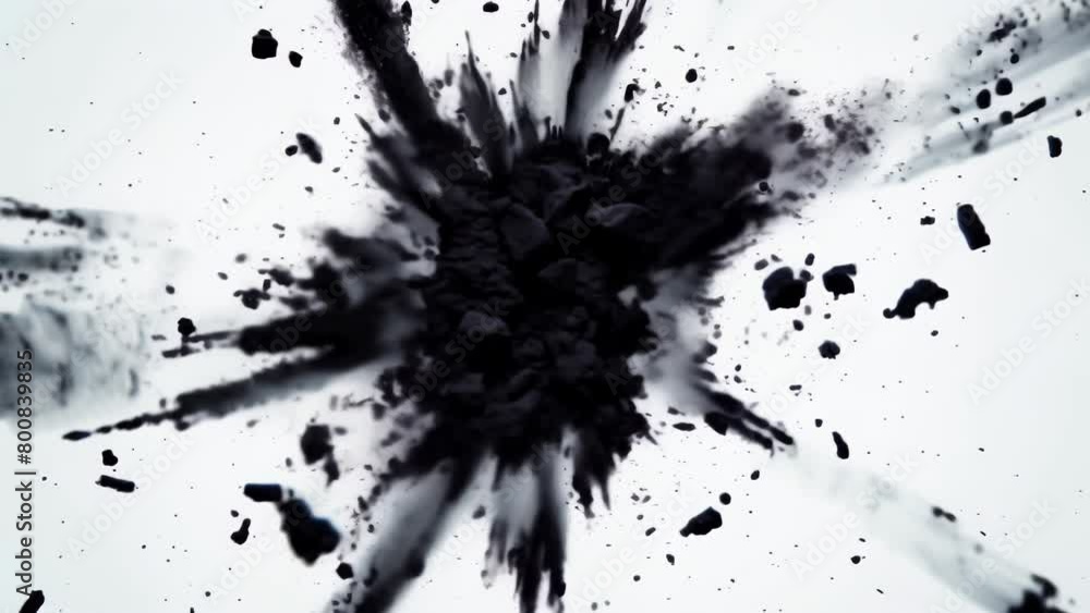 Explosive burst of black powder particles and fragments radiating outward, evoking a dynamic sense of energy, movement, and chaos against a stark white background.
Explosive burst of black powder particles and fragments radiating outward, evoking a dynamic sense of energy, movement, and chaos against a stark white background.