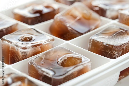 Coffee ice cubes in tray for coffee drinks close up on white background