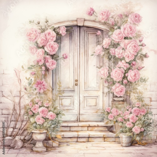 White door surrounded by pink roses