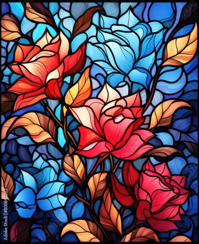 Stained glass window featuring flowers and leaves