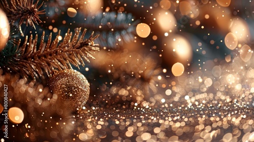   A Christmas ornament featuring a pine tree branch in the foreground and backdrop of lights © Nadia