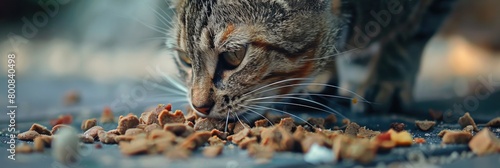 A homeless cat on the street eats dry food from the ground photo