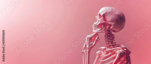 Skeleton sitting on pink surface photo