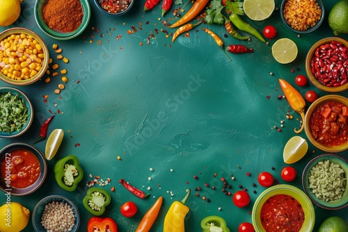 Colorful Mexican food mix background with copy space frame photo