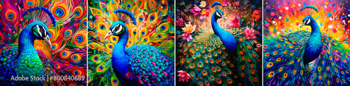 4 Photo Collage: Create stunning peacock inspired dot art. Use a variety of rich and deep colors to bring your artwork to life.