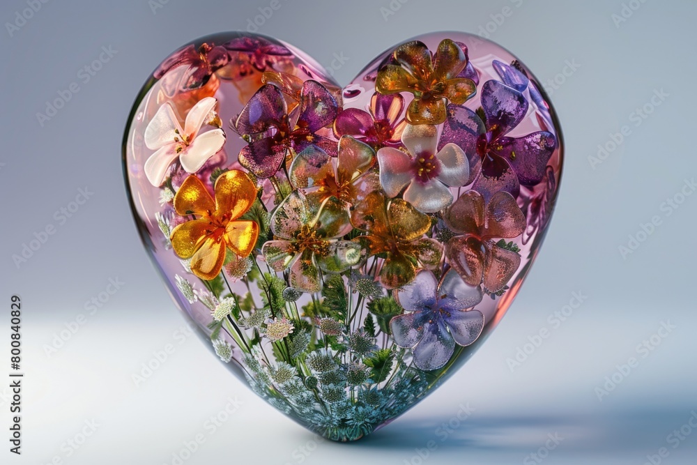Heart shaped vase overflowing with various flowers Heart shaped vase overflowing with various flowers