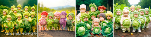 collage of 4 photos: Cute Cabbage Babies Photos in Vintage Style Colorful Asian Style Costumes for Adorable Cabbage Babies. Photobash style, creating original and whimsical images. photo