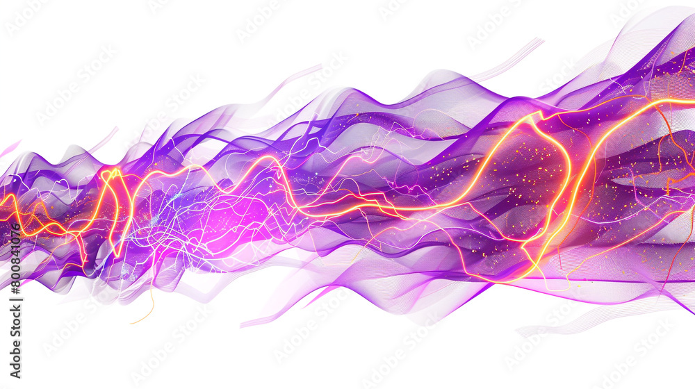 Vibrant purple neon lightning bolts alongside dynamic orange wave patterns, isolated on a solid white background.