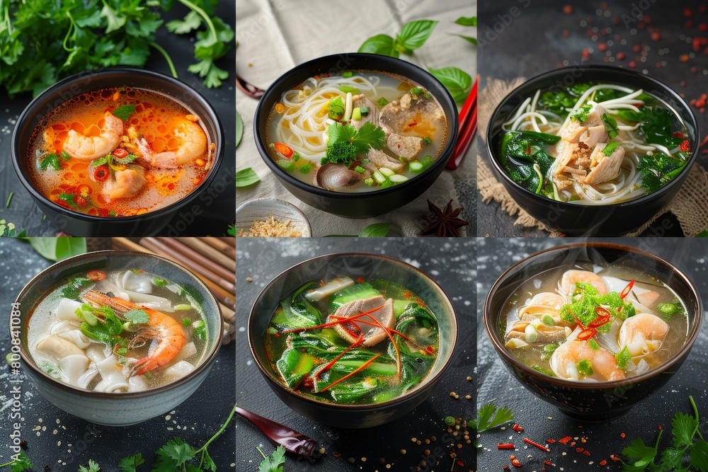 Compilation of traditional Vietnamese soups with chicken seafood and beef Compilation of traditional Vietnamese soups with chicken seafood and beef