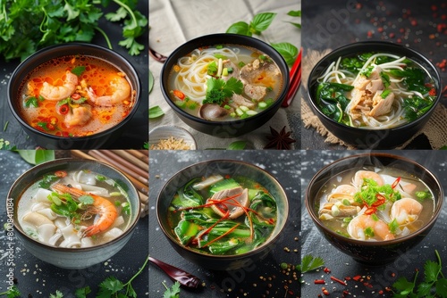 Compilation of traditional Vietnamese soups with chicken seafood and beef