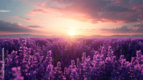 A field filled with purple flowers as the sun sets in the distance lies before a mountain range