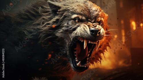 Close up of angry wolf with mouth open