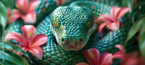 Close-up of the head of a green poisonous snake against a background of flowers and jungle plants Exotic dangerous reptile curled up in a ball and looking at the camera © Boomanoid