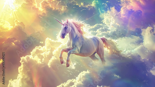 Unicorn rides on clouds in the sky. photo