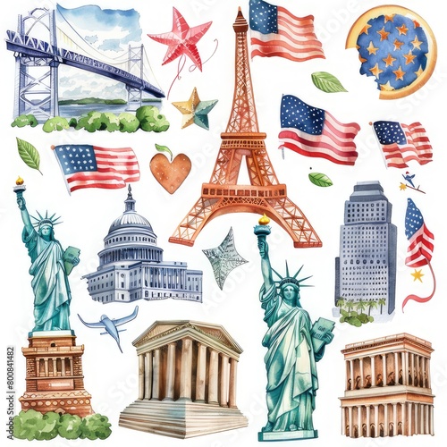 Set of city landmarks and monuments icons, , with american flags