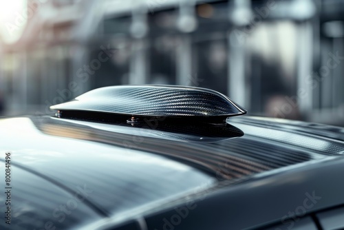 Contemporary shark fin antenna on carbon roof of sports car photo