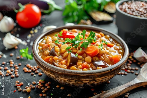 Cook veggies and beans for nutritious meal lentils eggplants tomatoes in vegan bowl