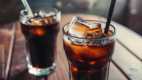 Glass of cola with ice on the table