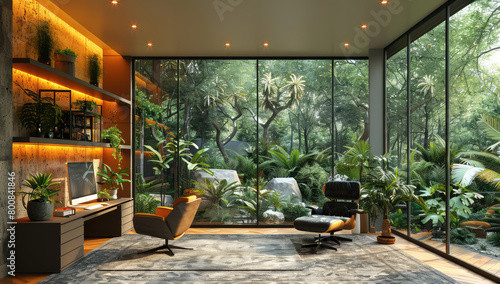  A modern home office with large windows overlooking an outdoor garden, featuring lush greenery and exotic plants, creating a tranquil ambiance for remote work or study. Created with Ai photo