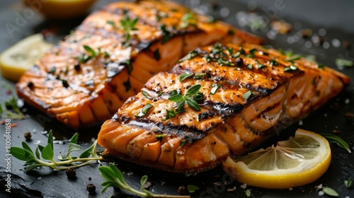 Succulent grilled salmon fillets, garnished with fresh herbs, lemon slices, studio lighting to emphasize texture and color, perfect for culinary advertising