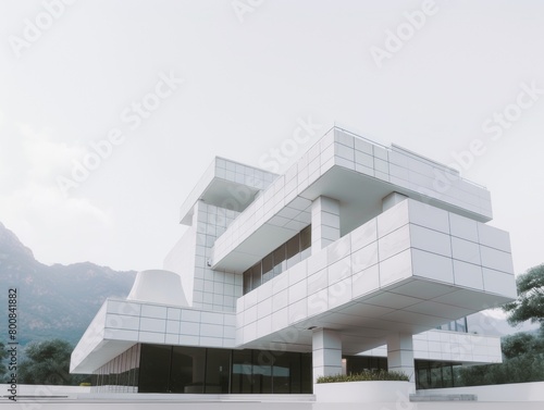 Beautiful contemporary white house with lush grass and blue sky twilight and daylight