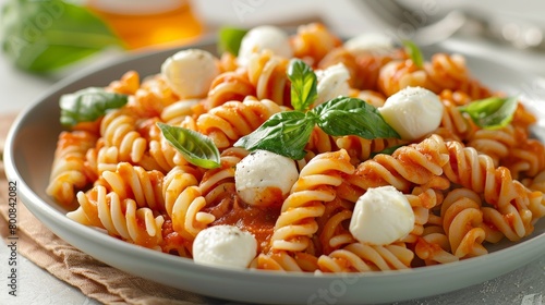 Spiral rotini pasta coated in a velvety tomato-basil sauce, topped with mozzarella balls, studio lighting, on a minimalist background photo