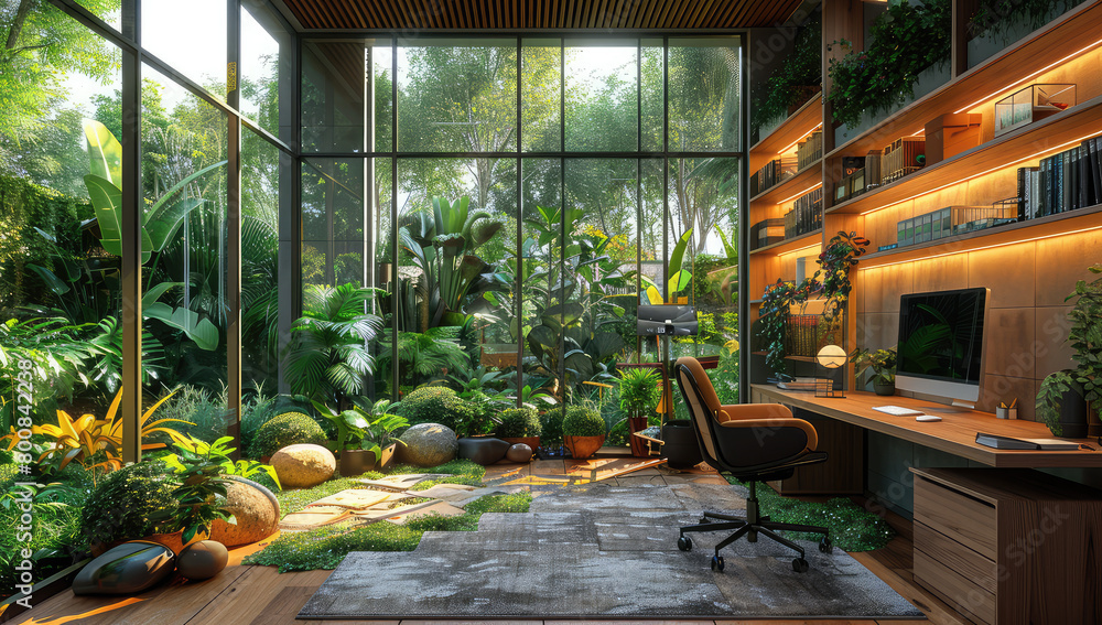 A home office in the jungle, featuring an indoor garden with exotic plants. Created with Ai 