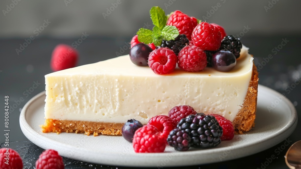 Silky cheesecake slice topped with fresh berries, isolated background emphasizes the rich texture and vibrant color contrast Silky cheesecake slice topped with fresh berries, isolated background emphasizes the rich texture and vibrant color contrast