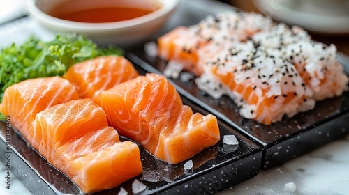   A couple of trays, each holding various types of sushi, sit on a table Nearby, a bowl of sauce is present