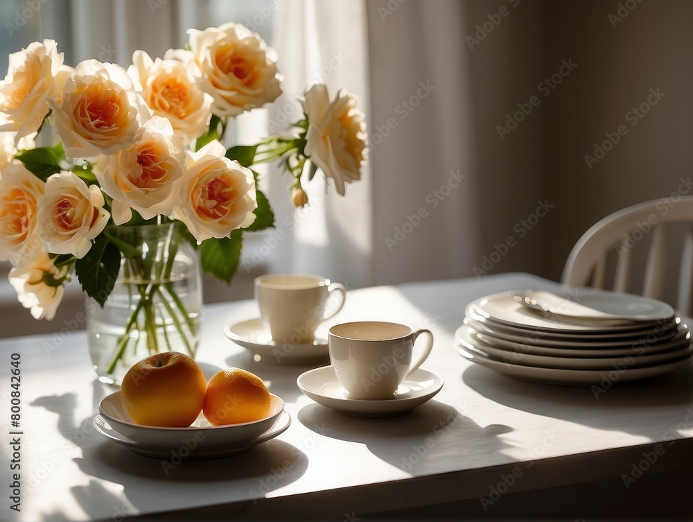 still life with tea and flowers