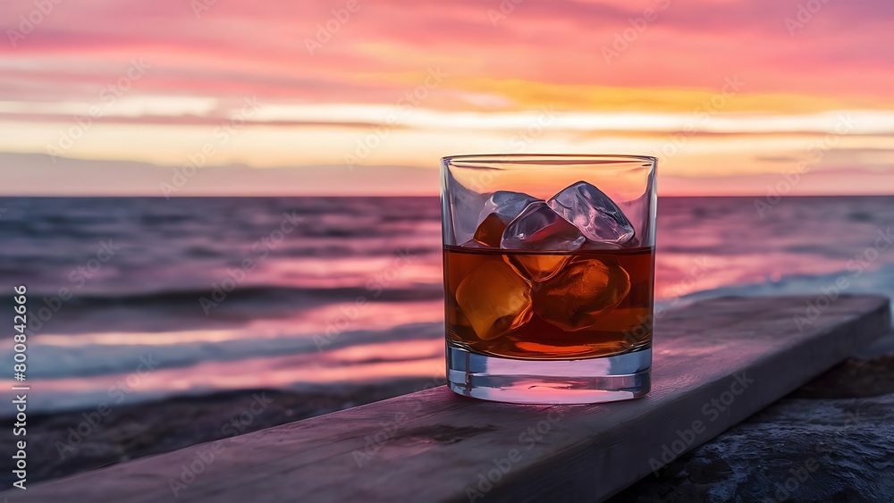 Whiskey with ice on rocks near the sea at sunset