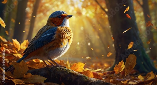 robin bird in autumn leave forest sunrise time : Golden Hour Robins: Autumn Forest Awakening