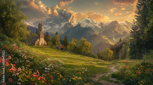 A beautiful mountain church surrounded by lush green meadows and colorful flowers