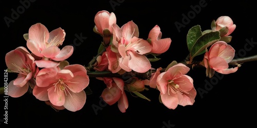 Peach Colored flowering quince, Isolated against a deep black background. Chaenomelis superba photo