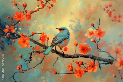 Beautiful bird on flowering branch. © kardaska