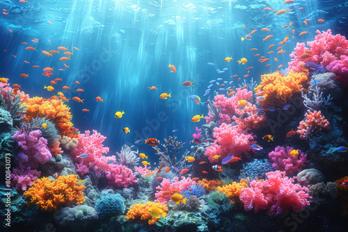 A vibrant coral reef teeming with colorful fish and sea plants. Created with Ai