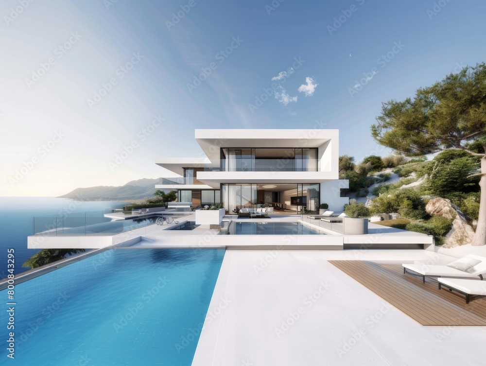 Beautiful contemporary white house with lush grass and blue sky twilight and daylight Beautiful contemporary white house with lush grass and blue sky twilight and daylight