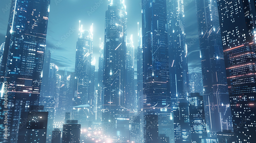 Futuristic cityscape with digital skyscrapers made of light and data, illustrating the urban landscape of a fully connected, smart city.