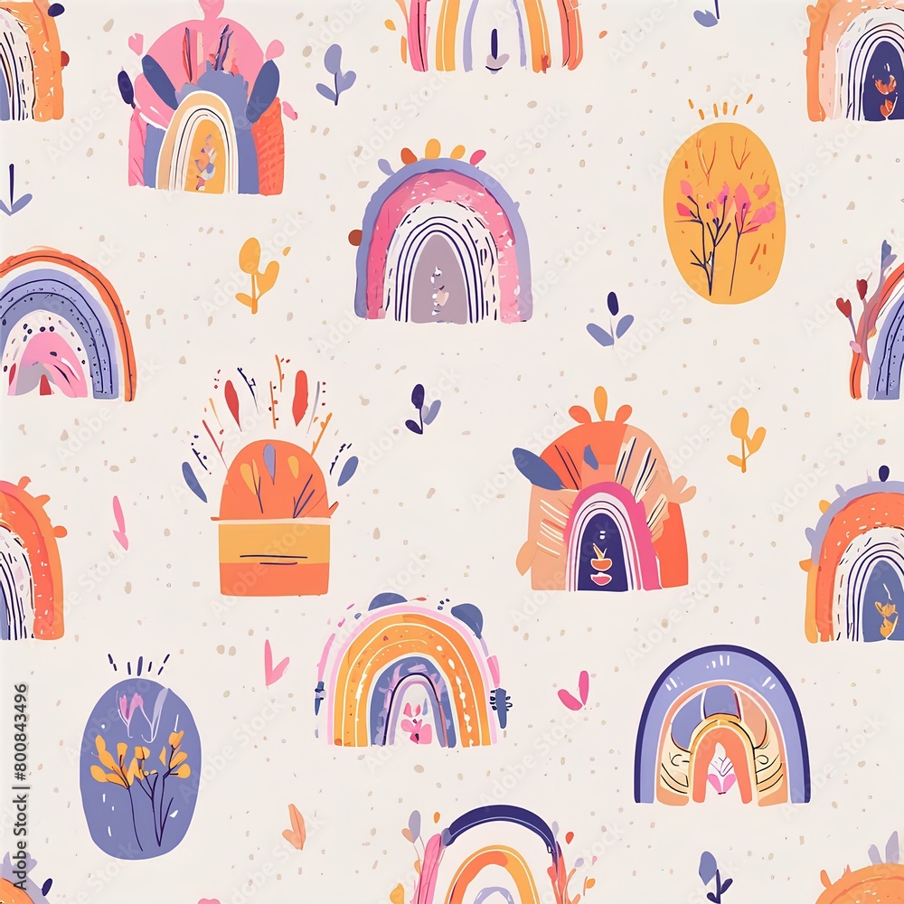 seamless pattern with houses ,Boho style seamless pattern with houses ,Boho style