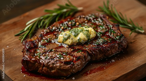 Ribeye steak, ideally grilled, glistening with garlic butter, set on an isolated backdrop with precise studio lighting, captured in a raw style
