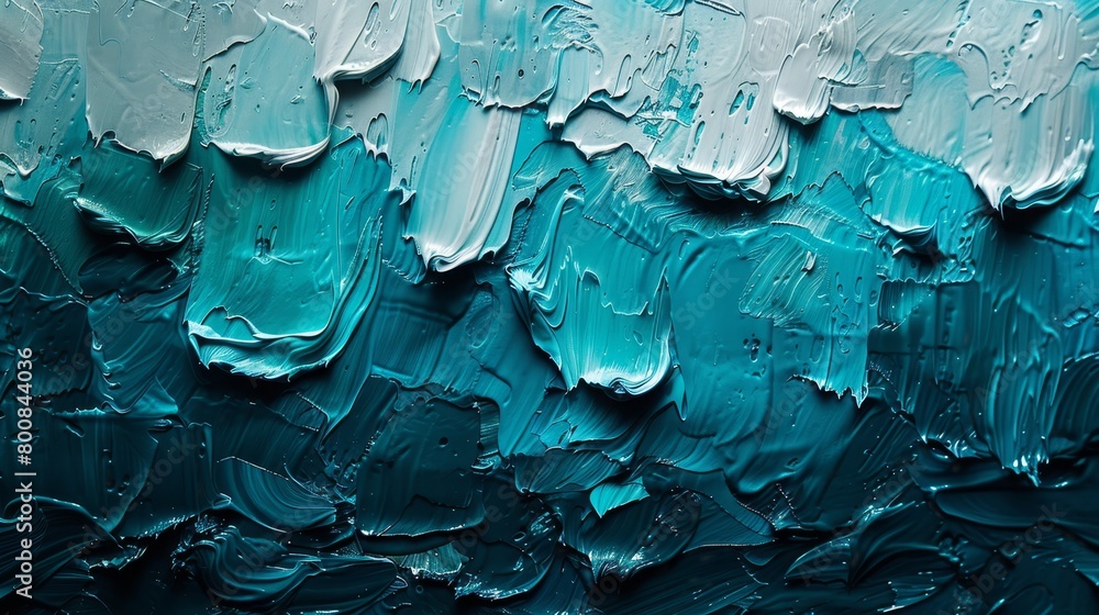 A detailed view of an abstract painting in shades of blue and white, adorned with water droplets at its base A detailed view of an abstract painting in shades of blue and white, adorned with water droplets at its base