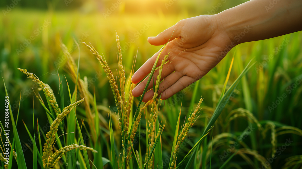 Woman hand touching checking beautiful rice plants in gorgeous paddy field on organic farm. Woman hand touching checking beautiful rice plants in gorgeous paddy field on organic farm.
