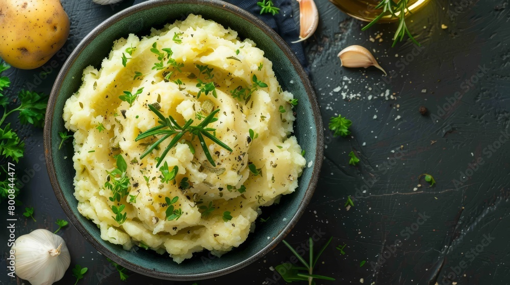 Perfectly mashed potatoes with a hint of garlic, served in a bright bowl, top view, studio light, plain setting Perfectly mashed potatoes with a hint of garlic, served in a bright bowl, top view, studio light, plain setting