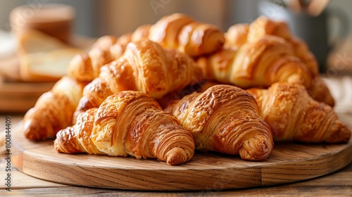 Pile of freshly baked croissants, golden and buttery, served on a rustic wooden board, high contrast lighting, isolated background