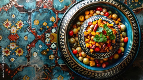 Overhead view of a colorful Moroccan tagine  intricate food arrangement  isolated background  studio spotlights enhancing textures