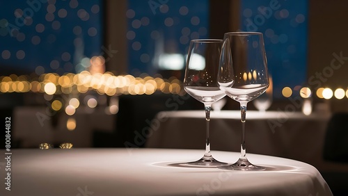 Glasses placed on restaurant table and sparkling bokeh background fine dining concept