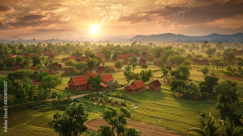 On World Population Day, envision a serene rural landscape dotted with quaint villages and lush green fields photo