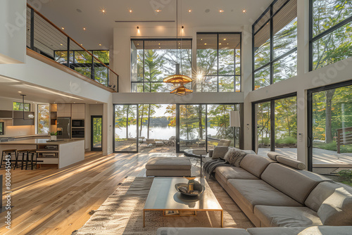 A modern lakehouse living room with large windows, comfortable sofas and a coffee table facing the window overlooking trees on one side of the house and water on the other side of the home.  photo