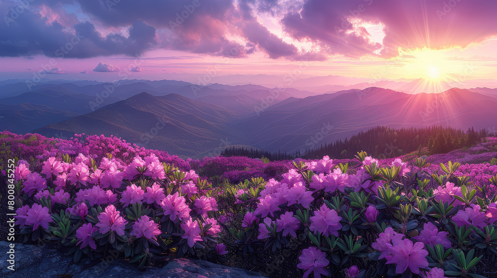 A breathtaking view of the Carpathian Mountains during spring, covered in vibrant purple rhodendron flowers that radiate like sunbeams under a twilight sky. Created with Ai